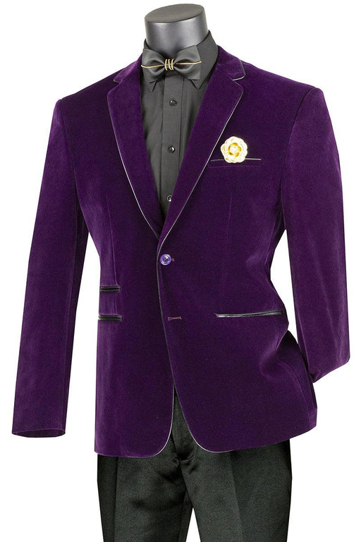 "Vinci Men's 2-Button Velvet Blazer w/ Black Leather Piping Trim - Purple" - USA Men's Outlet