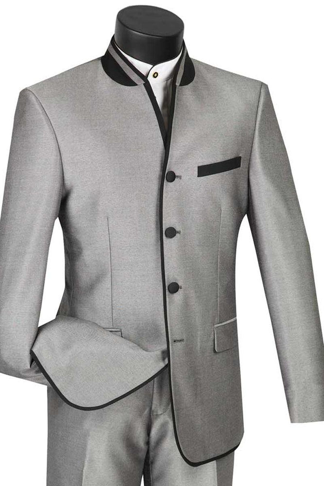 Vinci Men's 4-Btn Mandarin Grey Tuxedo w/Banded Trim - USA Men's Outlet