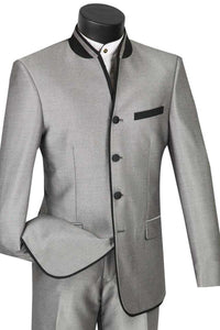 Vinci Men's 4-Btn Mandarin Grey Tuxedo w/Banded Trim - Elegant Mensattire