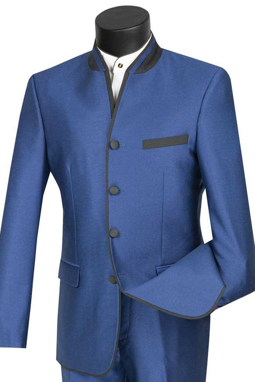 Vinci Men's 4-Button Tuxedo w/ Mandarin & Banded Trim - Blue - USA Men's Outlet