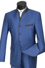 Vinci Men's 4-Button Tuxedo w/ Mandarin & Banded Trim - Blue - Elegant Mensattire