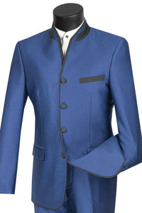 Vinci Men's 4-Button Tuxedo w/ Mandarin & Banded Trim - Blue - Elegant Mensattire