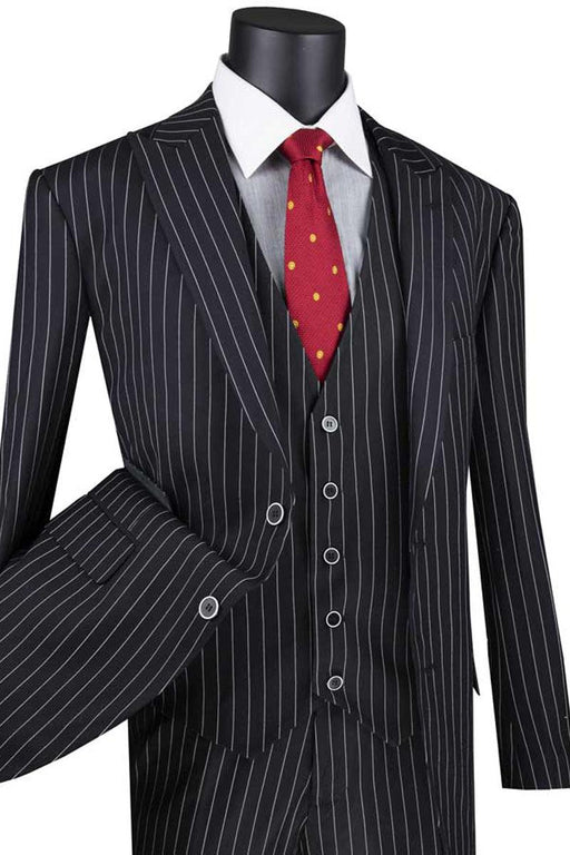 Vinci: Men's Black Bold Gangster Vested Pinstripe Suit - USA Men's Outlet