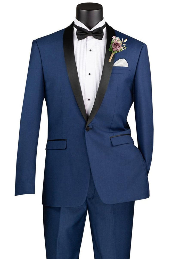 Vinci Men's Blue Slim Fit Shawl Collar Tuxedo - USA Men's Outlet