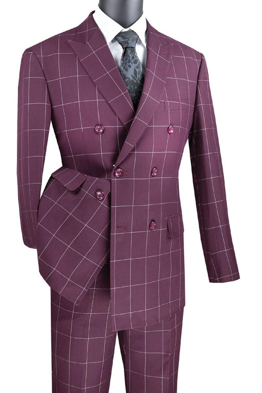 "Vinci Men's Bold Plaid Double-Breasted Suit - Burgundy Windowpane" - USA Men's Outlet