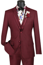 Vinci Men's Burgundy Tuxedo w/Vested Wedding Trim - Elegant Mensattire