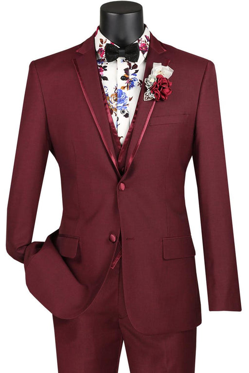 Vinci Men's Burgundy Tuxedo w/Vested Wedding Trim - USA Men's Outlet