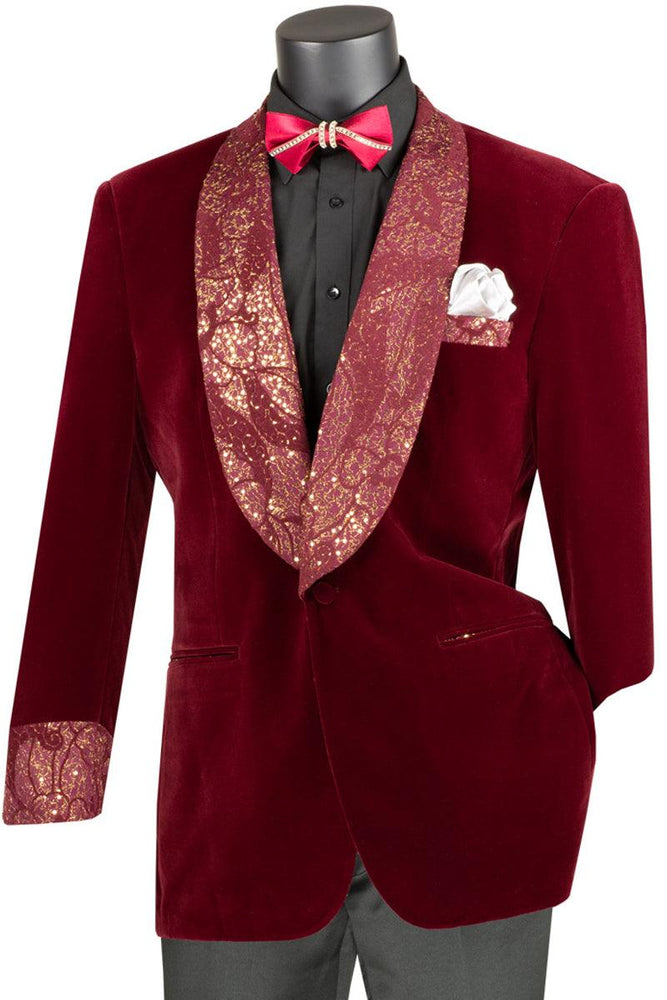 Vinci Men's Burgundy Velvet Paisley Glitter Prom Jacket - USA Men's Outlet