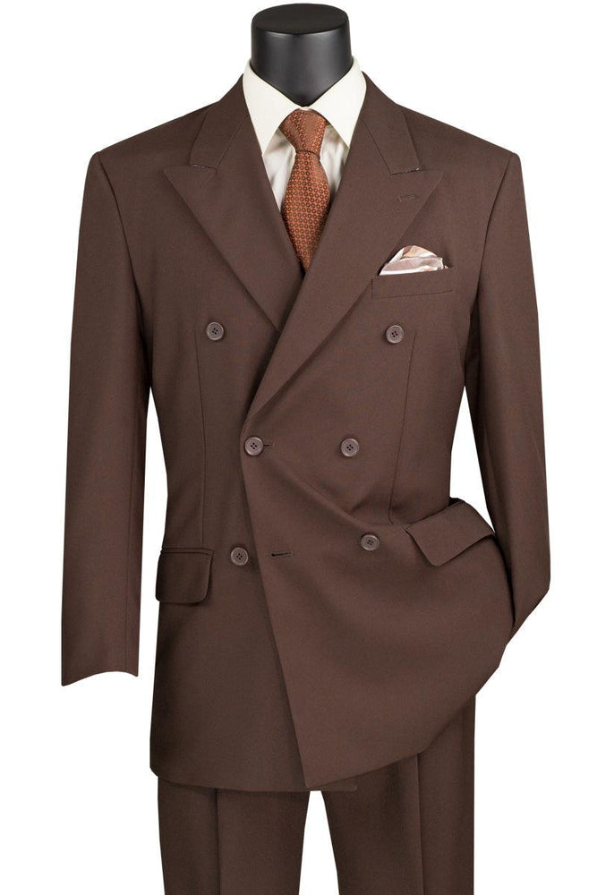 Vinci Men's Classic Double-Breasted Poplin Brown Suit - USA Men's Outlet