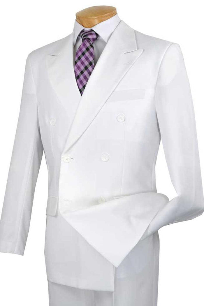 "Vinci Men's Classic Double-Breasted White Poplin Suit" - USA Men's Outlet