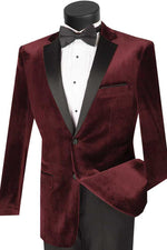 Vinci Men's Designer Burgundy Velvet Tuxedo: Modern Prom & Wedding Look - Elegant Mensattire