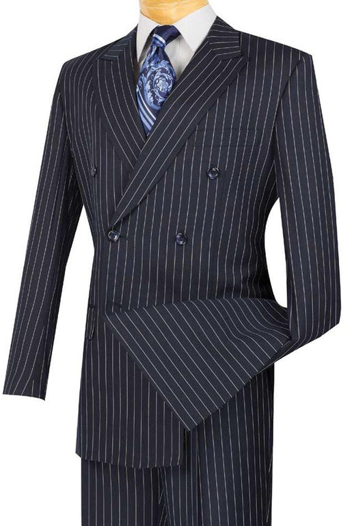 "Vinci Men's Double-Breasted Navy Gangster Bold Pinstripe Suit" - USA Men's Outlet