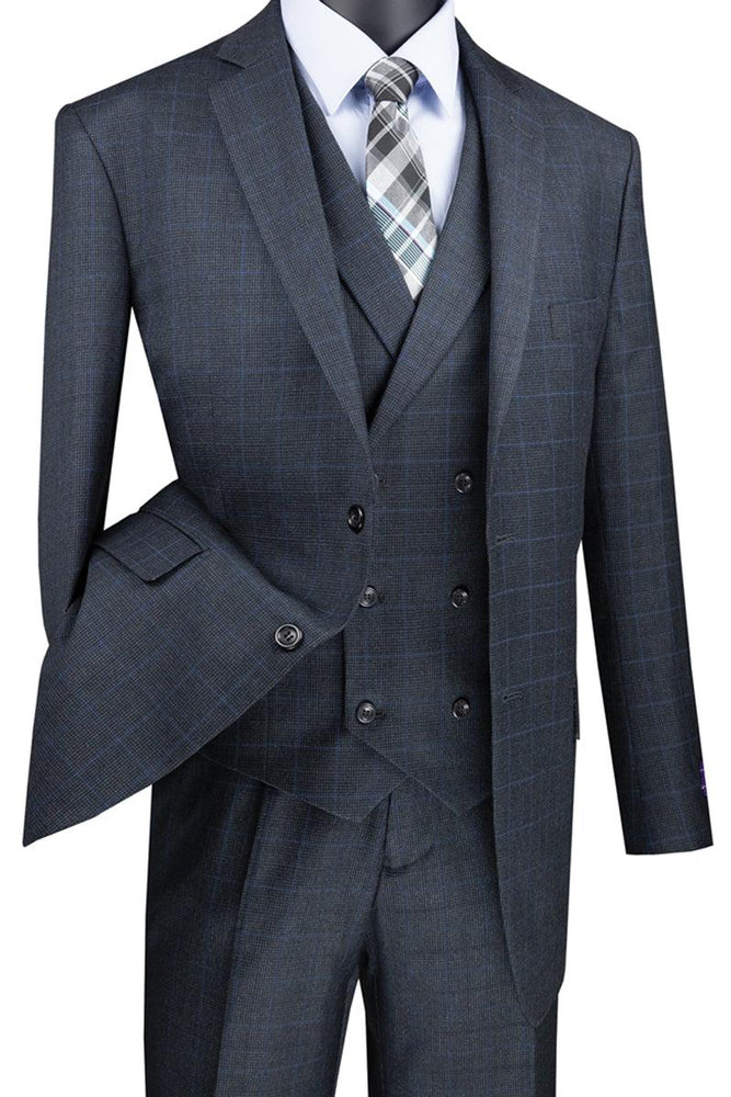 Vinci Men's Double-Breasted Plaid Suit Vest, Charcoal Grey - USA Men's Outlet