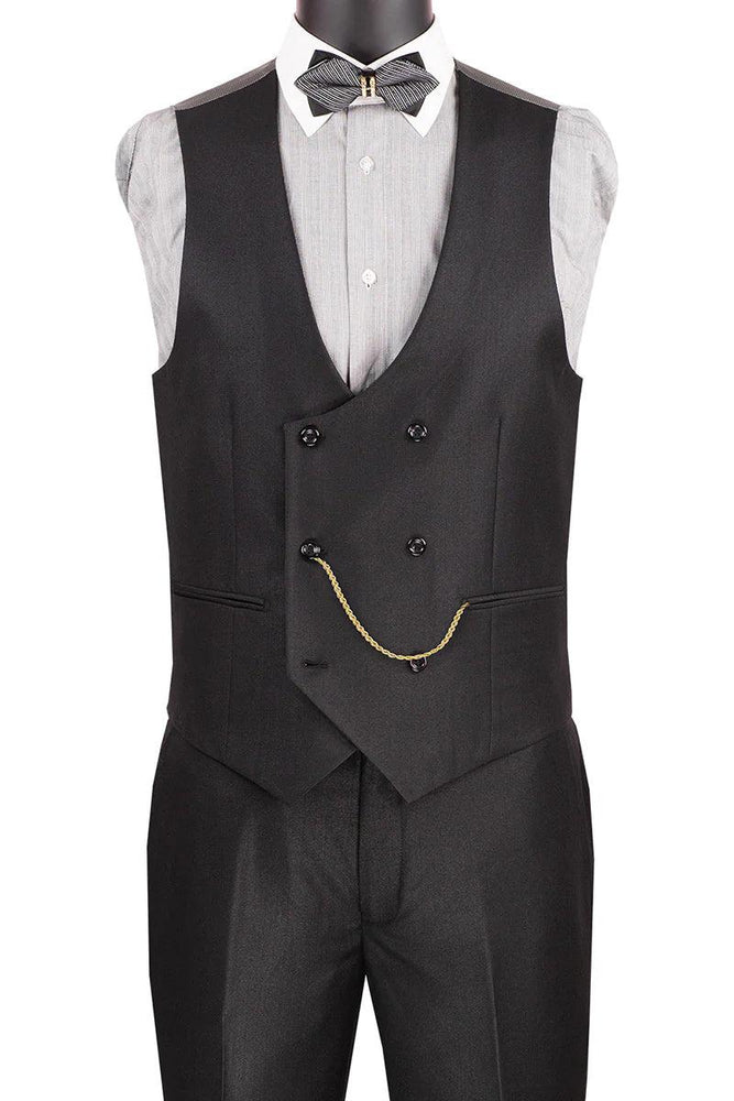 "Vinci Men's Double-Breasted Tuxedo + Vest—Modern-Fit, Satin-Trimmed Black Suit" - USA Men's Outlet