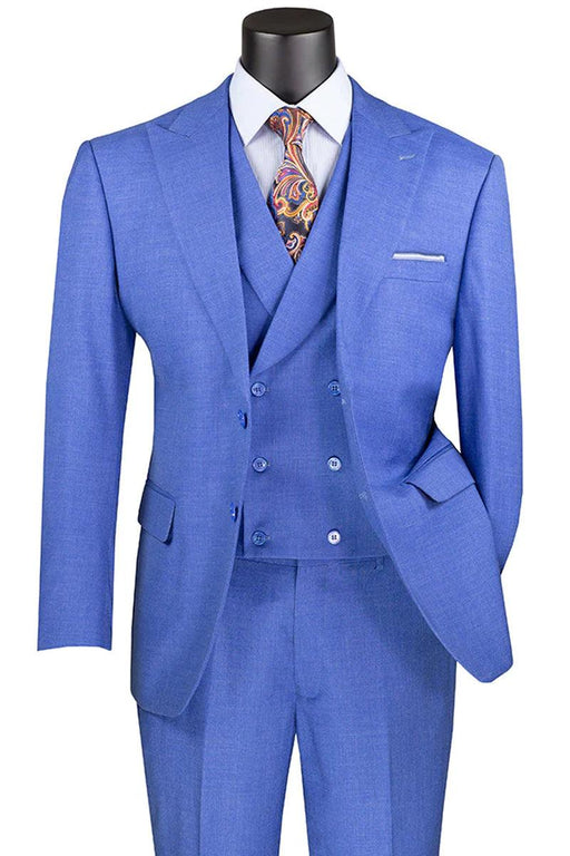 Vinci Men's French Blue Sharkskin Suit with Double Breasted Vest - USA Men's Outlet