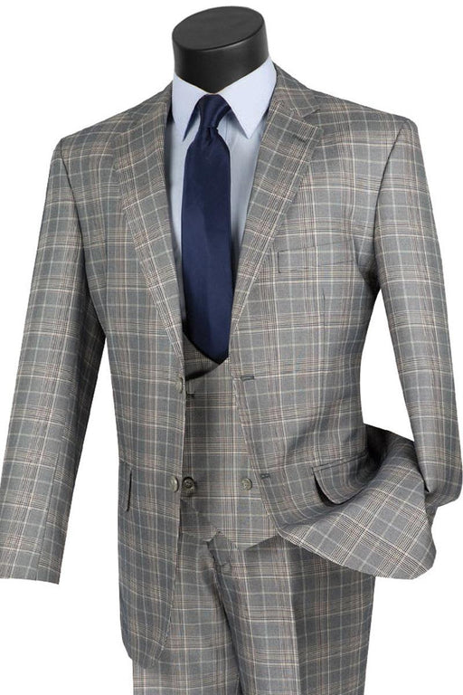 Vinci Men's Grey Windowpane 2-Button Vested Suit with Peak Lapels - USA Men's Outlet