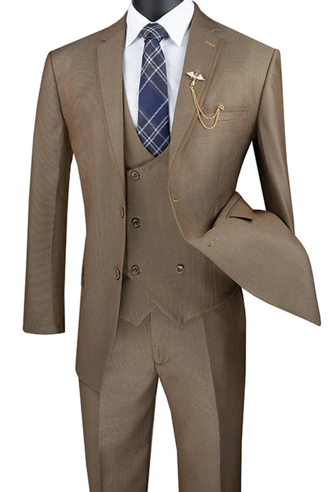 Vinci Men's Khaki Tuxedo Suit with Double Breasted Vest & Satin Trim. - USA Men's Outlet