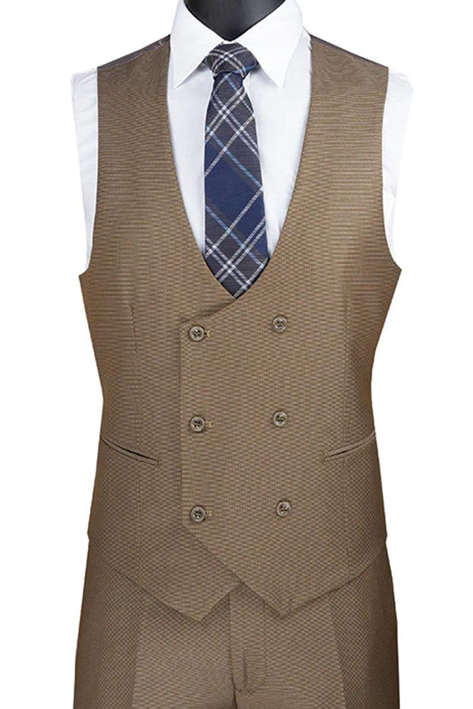 Vinci Men's Khaki Tuxedo Suit with Double Breasted Vest & Satin Trim. - USA Men's Outlet