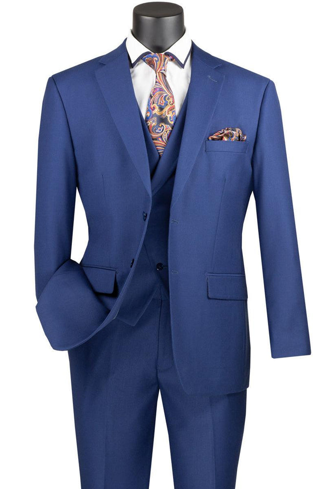 "Vinci Men's Modern 2-Button Suit & Peak Lapel Vest Set in Blue" - USA Men's Outlet