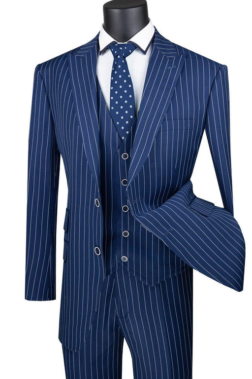 Vinci Men's Navy Blue Pinstripe Gangster Vested Suit - USA Men's Outlet