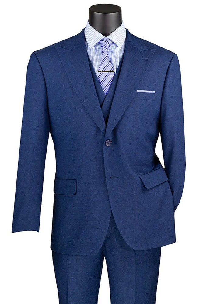 Vinci Men's Navy Blue Sharkskin Suit with Double Breasted Vest - USA Men's Outlet