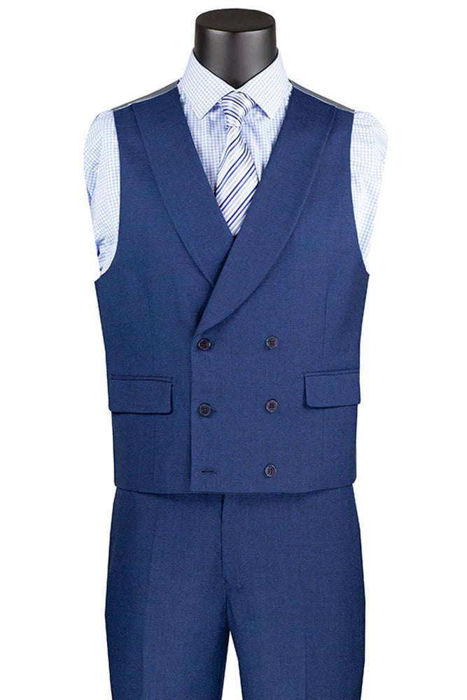 Vinci Men's Navy Blue Sharkskin Suit with Double Breasted Vest - USA Men's Outlet