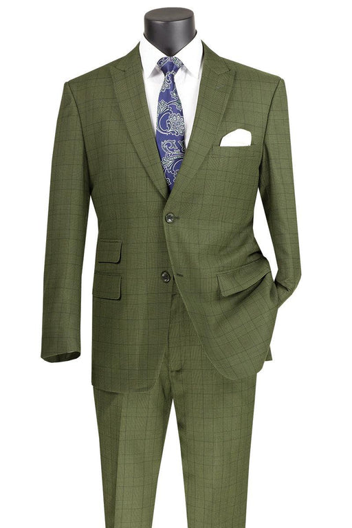 Vinci Men's Olive Plaid Peak Lapel Suit - Modern Fit 2-Button - USA Men's Outlet