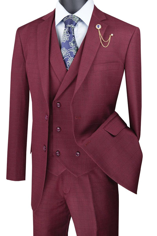 Vinci Men's Plaid 2-Button Burgundy Double-Breasted Vest Suit - USA Men's Outlet