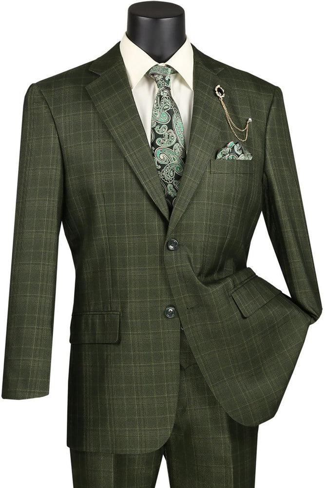 Vinci Men's Plaid 2-Button Windowpane Vested Suit w/Peak Lapel - Olive - USA Men's Outlet