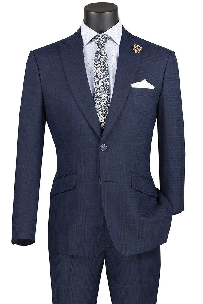 Vinci Men's Plaid Navy 2-Btn Modern Fit Peak Lapel Suit - USA Men's Outlet