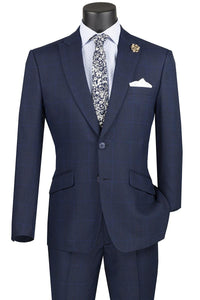 Vinci Men's Plaid Navy 2-Btn Modern Fit Peak Lapel Suit - USA Men's Outlet