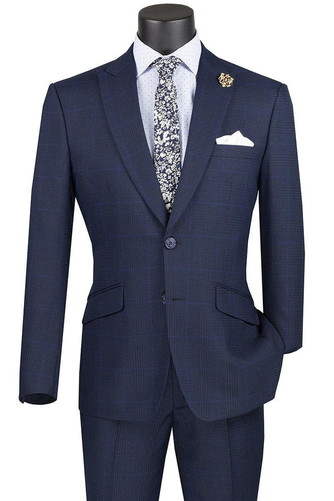 Vinci Men's Plaid Navy 2-Btn Modern Fit Peak Lapel Suit - USA Men's Outlet