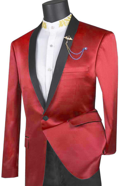 Vinci Men's Red Shiny Satin Tuxedo Jacket, Slim Fit, Single Button. - USA Men's Outlet