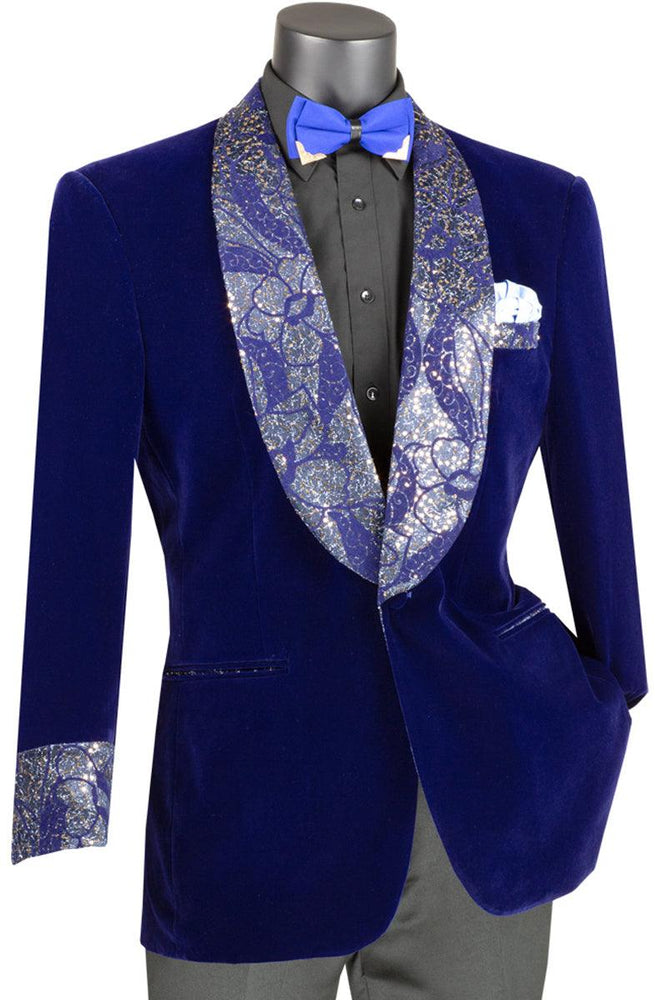 Vinci Men's Royal Blue Velvet Smoking Jacket w/ Glitter Paisley Lapel Cuffs - USA Men's Outlet