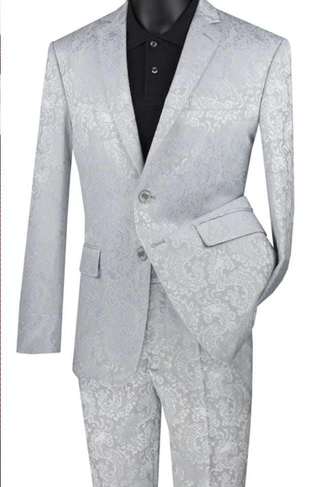 Vinci Men's Silver Grey Slim Fit Shiny Paisley Prom Suit - USA Men's Outlet