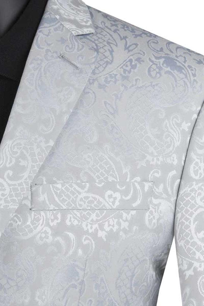 Vinci Men's Silver Grey Slim Fit Shiny Paisley Prom Suit - USA Men's Outlet