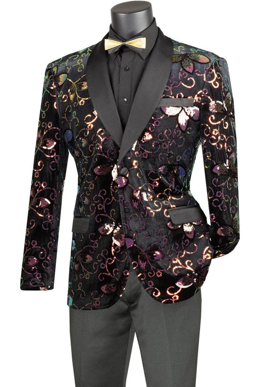 Vinci Men's Slim Fit Black Floral Sequin Paisley Prom Dinner Jacket - USA Men's Outlet