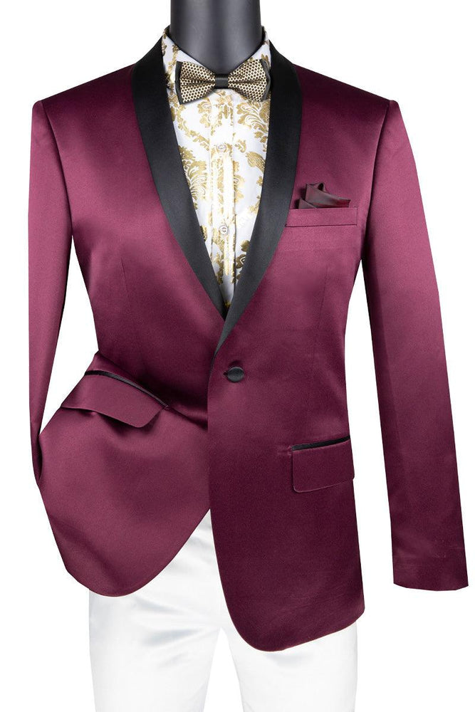 Vinci Men's Slim-Fit Burgundy Shiny Satin Tuxedo Jacket - USA Men's Outlet