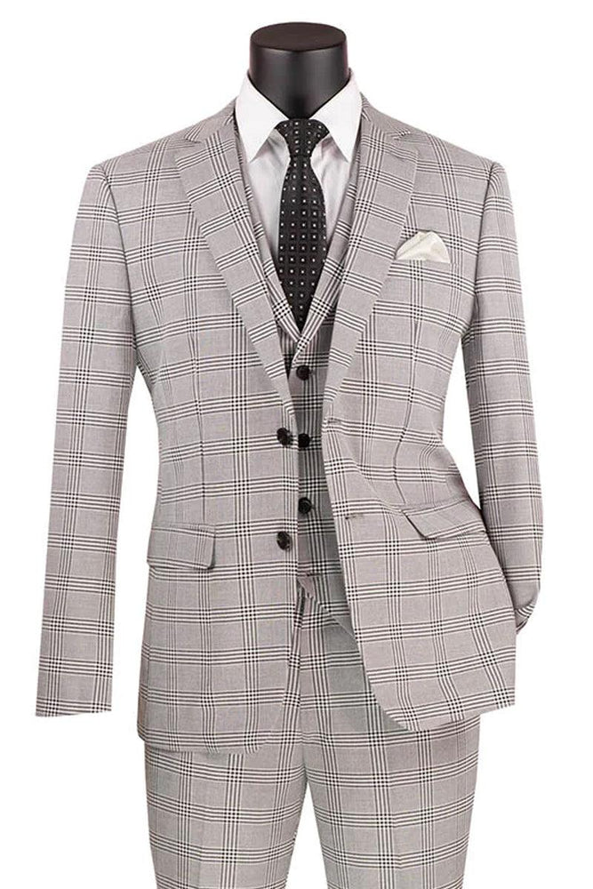 "Vinci Men's Slim-Fit Glen Plaid Summer Suit in Light Grey" - USA Men's Outlet