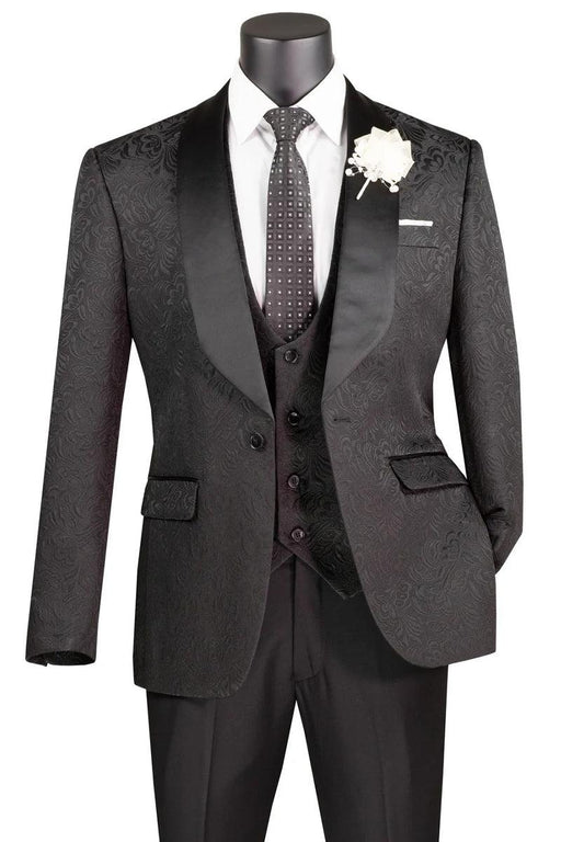 Vinci Men's Slim Fit Paisley Black Vested Wedding Tuxedo - USA Men's Outlet