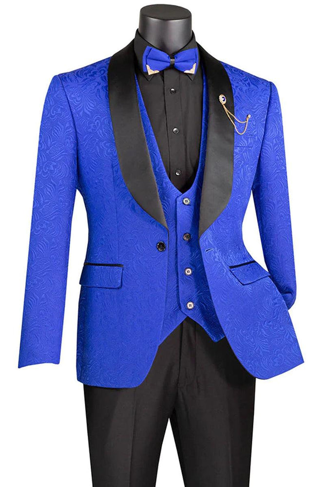 Vinci Men's Slim Fit Paisley Royal Blue Wedding Tuxedo Vested - USA Men's Outlet