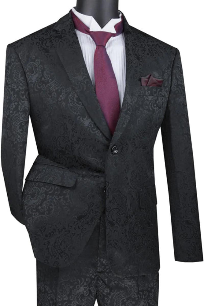 Vinci Men's Slim Fit Shiny Paisley Black Wedding/Prom Suit - USA Men's Outlet