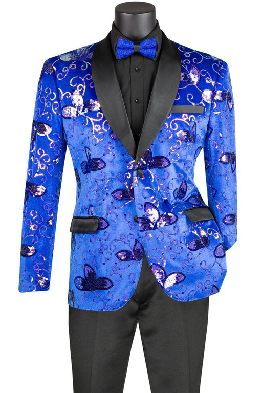 Vinci Men's Slim Velvet Paisley Sequin Floral Dinner Jacket, Royal Blue - USA Men's Outlet