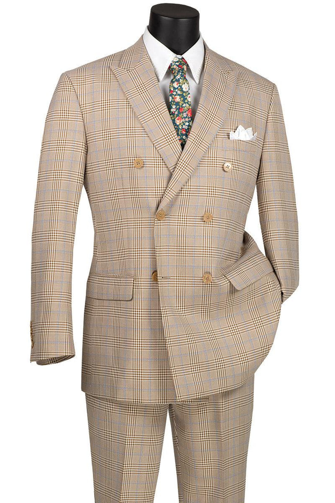 Vinci Men's Tan Double-Breasted Windowpane Plaid Suit - USA Men's Outlet