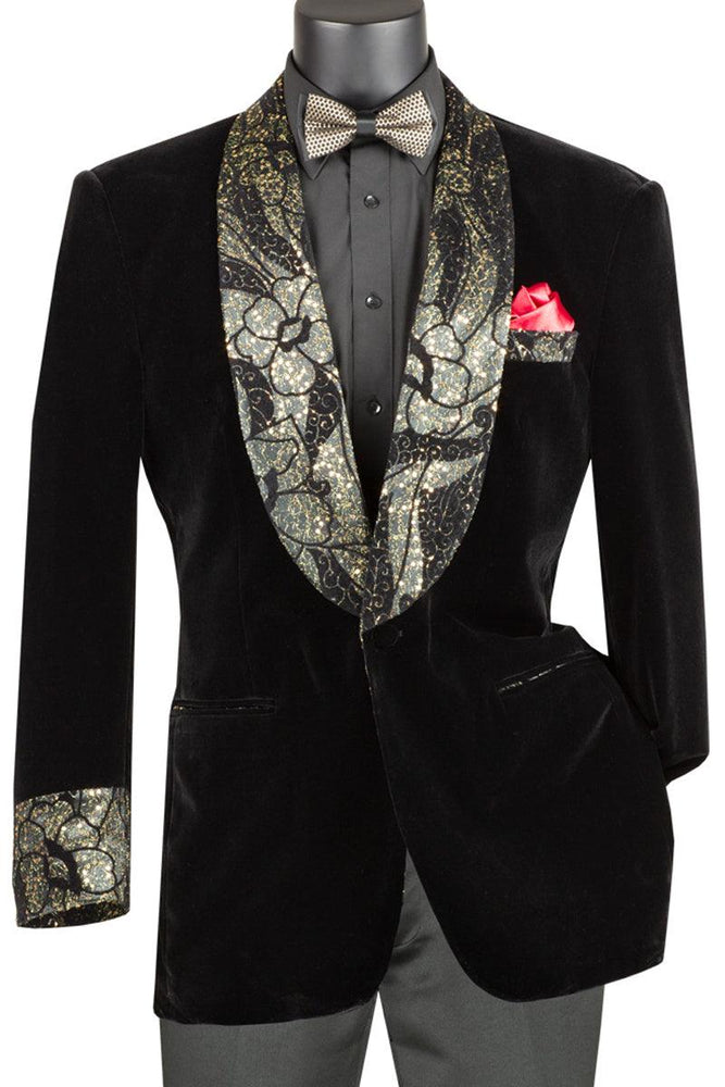 Vinci Men's Velvet Prom Jacket w/Fancy Glitter Lapel & Cuffs - Black - USA Men's Outlet