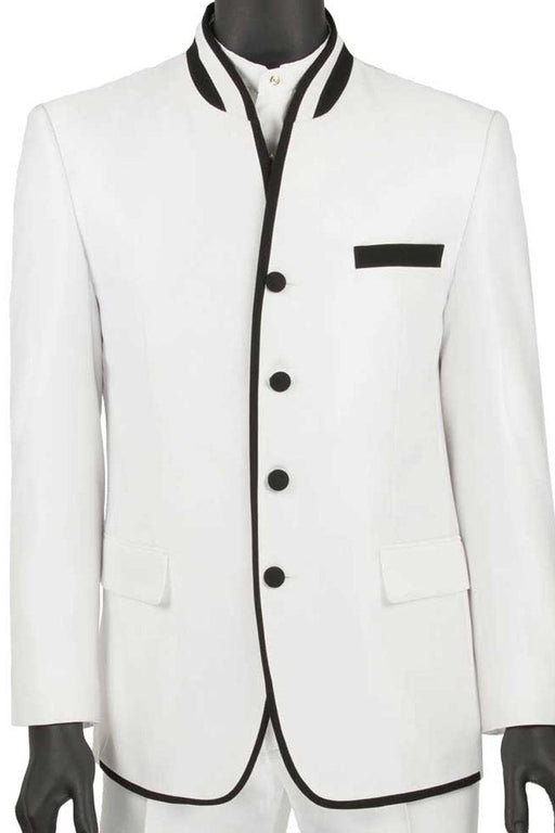 "Vinci Men's White 4-Button Mandarin Tuxedo w/Banded Trim" - USA Men's Outlet