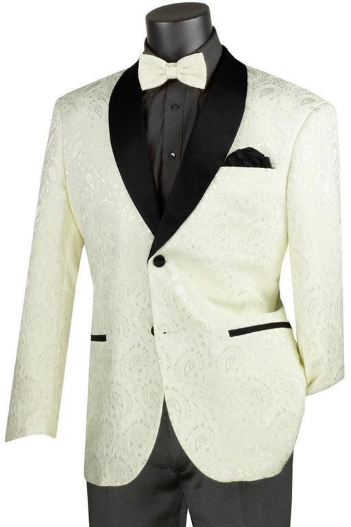 Vinci Men's White Paisley Tuxedo: Elegant Jacquard Enhancements - USA Men's Outlet