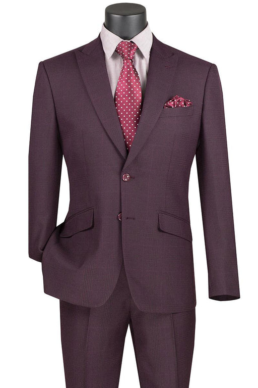 Vinci Mens 2-Button Plaid Suit, Modern Fit w/Peak Lapels - Burgundy - USA Men's Outlet