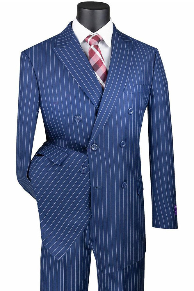 Vinci Mens Bold Pinstripe Double Breasted Suit in Indigo Blue - USA Men's Outlet