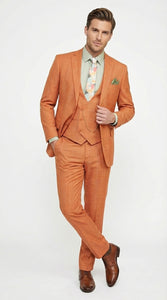 Vinci Mens Orange Three Piece Suit – Orange Windowpane Plaid 3PC Formal Suit for Wedding, Church and Business Holloween Color